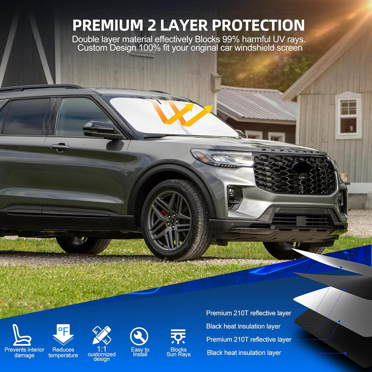 Windshield Sun Shade for Ford Explorer (SUV ST XLT Limited Platinum) 2020-2025 Foldable Sunshade Custom Fit Front Window Car Interior Accessories Protector Blocks UV Rays