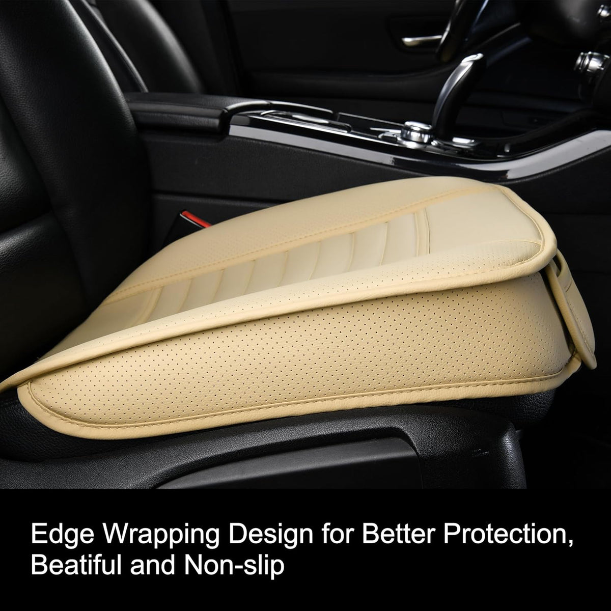 1pc Edge Wrapping Comfortable Car Front Seat Cover Cushion Pad Mat Protector, Anti-Slip Bottom Seat Cushion Cover for Auto with PU Leather(Beige)