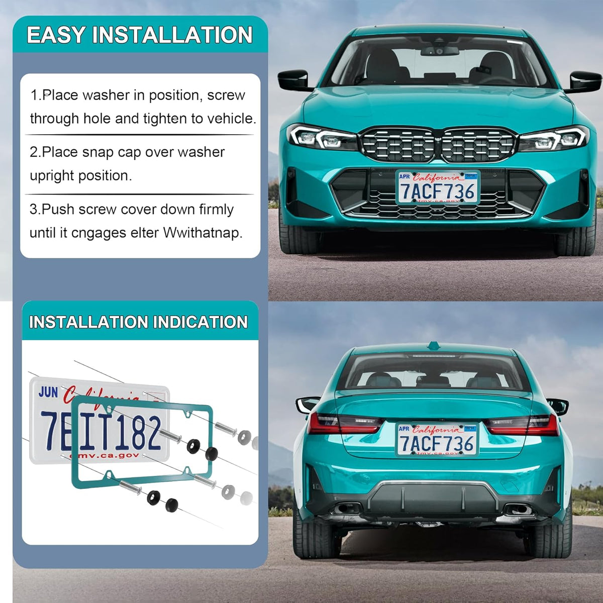 LivTee 4 Holes Stainless Steel License Plate Frames, 2 PCS Car Licence Plate Covers, Automotive Exterior Accessories Slim Design with Bolts Washer Caps for US Vehicles, Green