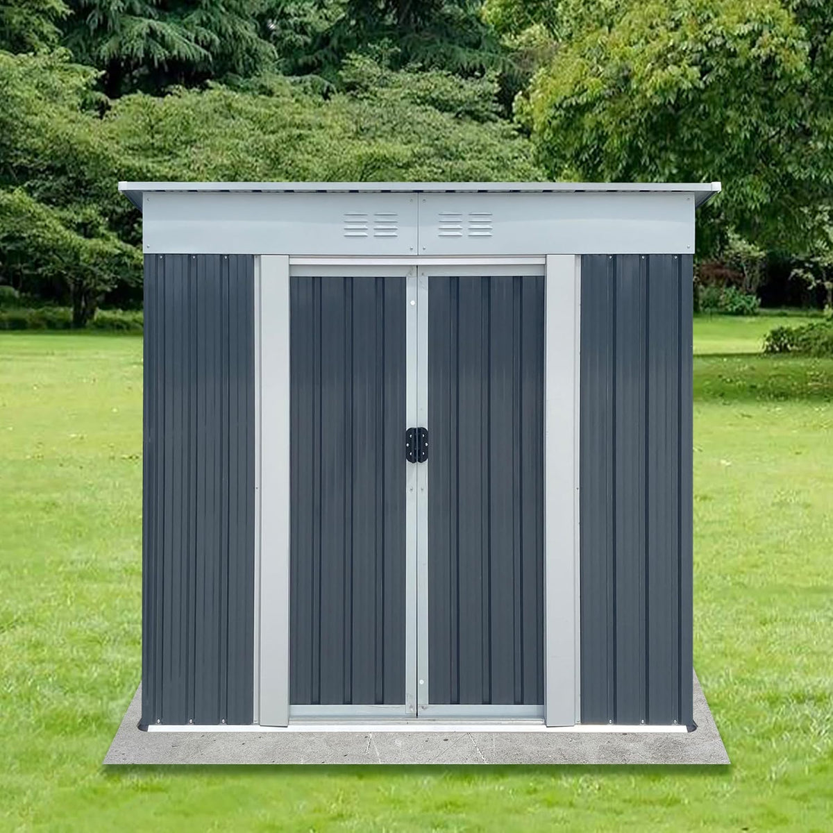 6x4 FT Outdoor Storage Shed with Sloping Roof, Waterproof Metal Garden Sheds w/Lockable Sliding Doors and Vents, Weather Resistant Tool Storage House for Backyard, Patio, Lawn, Grey