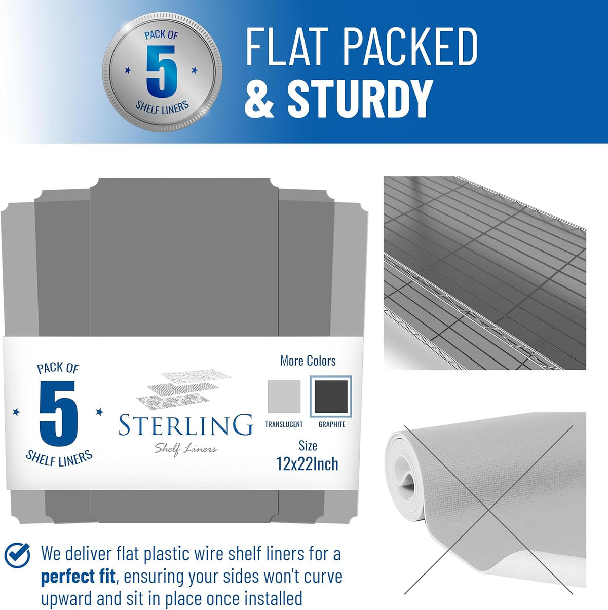 Shelf Liners for Wire Shelf System: Set of 5 in Graphite: 12 x 22 inch: Plastic Wire Shelving Shelf Mats