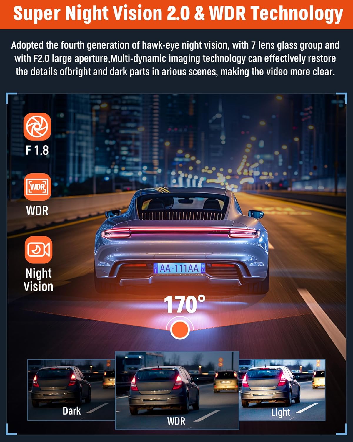 3 Channel Dash Cam,4K+1080P Dash Cam Front and Rear Inside, Dash Camera for Cars, Triple Car Camera with 32GB Card,Built-in G-Sensor, 2’’ IPS Display Car Camera,Loop Recording,24Hr Parking