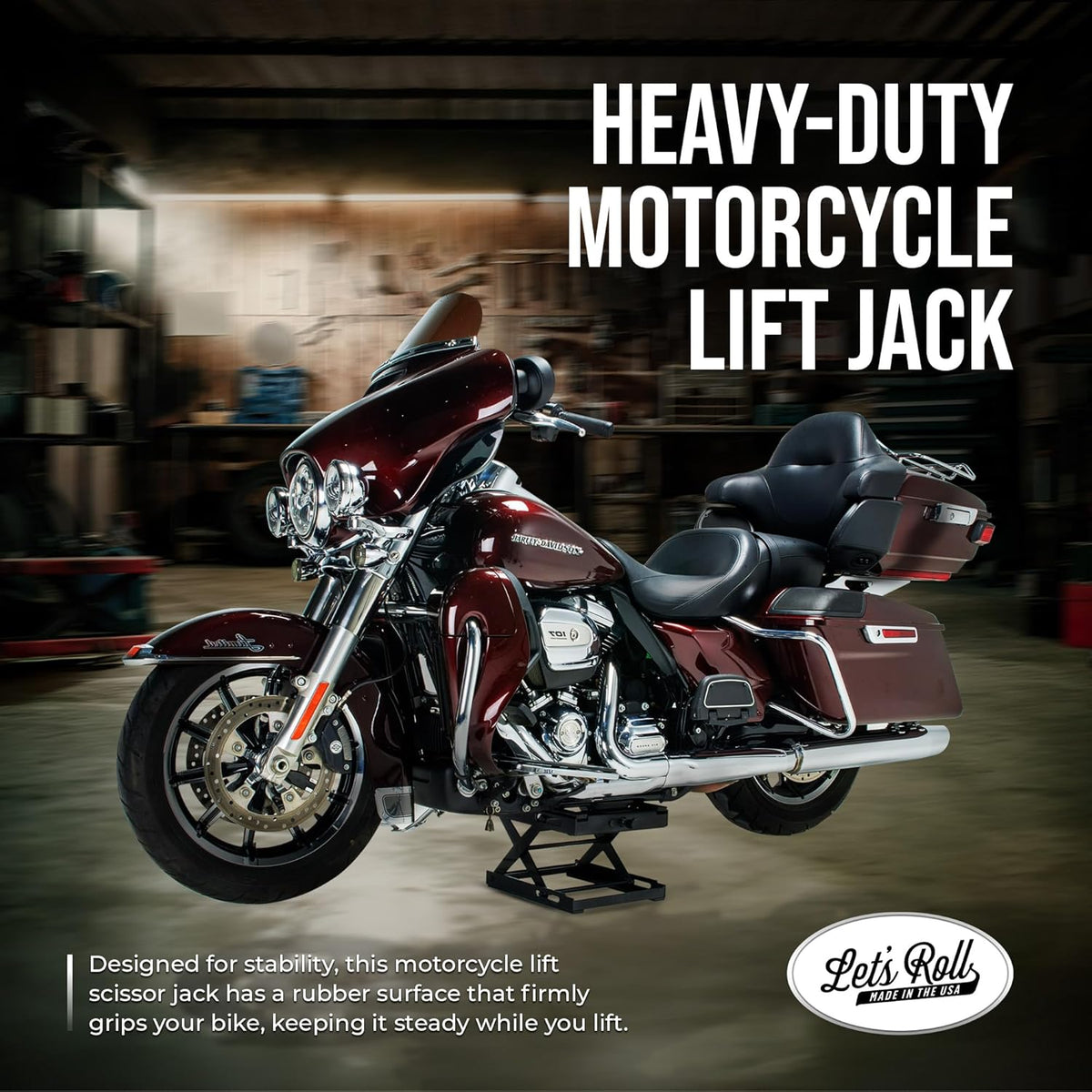 Let's Roll Standard Motorcycle Lift Jack - 1200 LB Heavy Duty Scissor Jack Stands, Scissor Lift Jacks, Motorcycle Accessories, Stable Garage Lifts with Mobility for Maintenance - Made in The USA