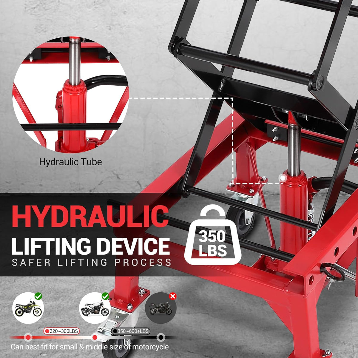 Hydraulic 350LBS Motorcycle Lift Jack - Foot-Pump Scissor Lift Table with Safety Lock, Wheels & Oil Drain Hole - Height Adjustable 13.78-34.25" for ATV, Dirt Bike, Cruiser Maintenance Red