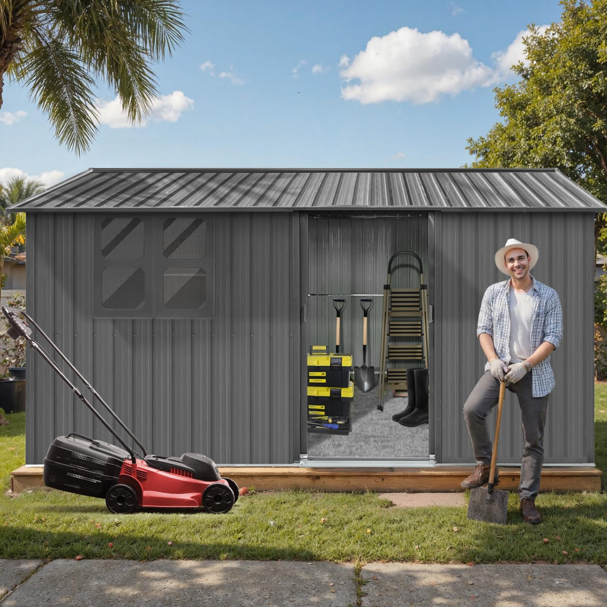 12x10 Ft Storage Shed Outdoor, XL Permanent Steel Building with Window, Sliding Doors and 4 Air Vents for Backyard Garden Patio Lawn - Grey