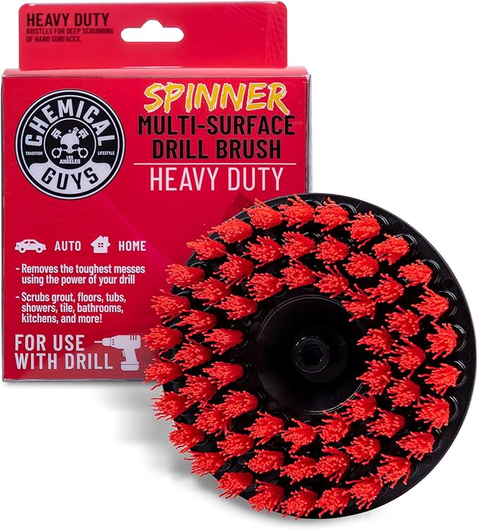 Chemical Guys ACC508 Heavy Duty Spinner Multi-Surface Drill Brush Attachment (Fits Any Standard Drill - Power Scrubber Removes Heavy Stains, Dirt & Grime from Grout, Tubs & Showers), Red