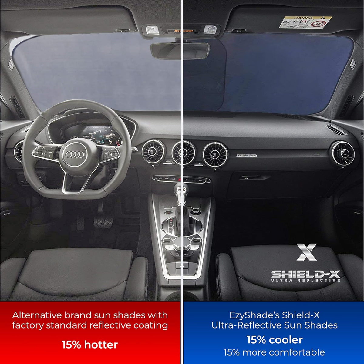 EzyShade Windshield Sun Shade with Shield-X Reflective Technology. See Size-Chart with Your Vehicle. Foldable 2-Piece Car Sunshades Reflect UV Sun and Heat and Protect Your Car. Standard (Medium) Size