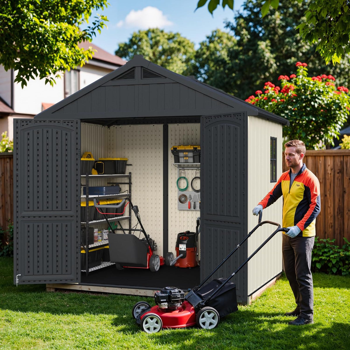 Greesum 8×6 FT Plastic Outdoor Storage Shed with Floor, Resin Sheds with Window and Lockable Door, Weather Resistant Organization for Garden, Lawn, Pool Supplies, Beige