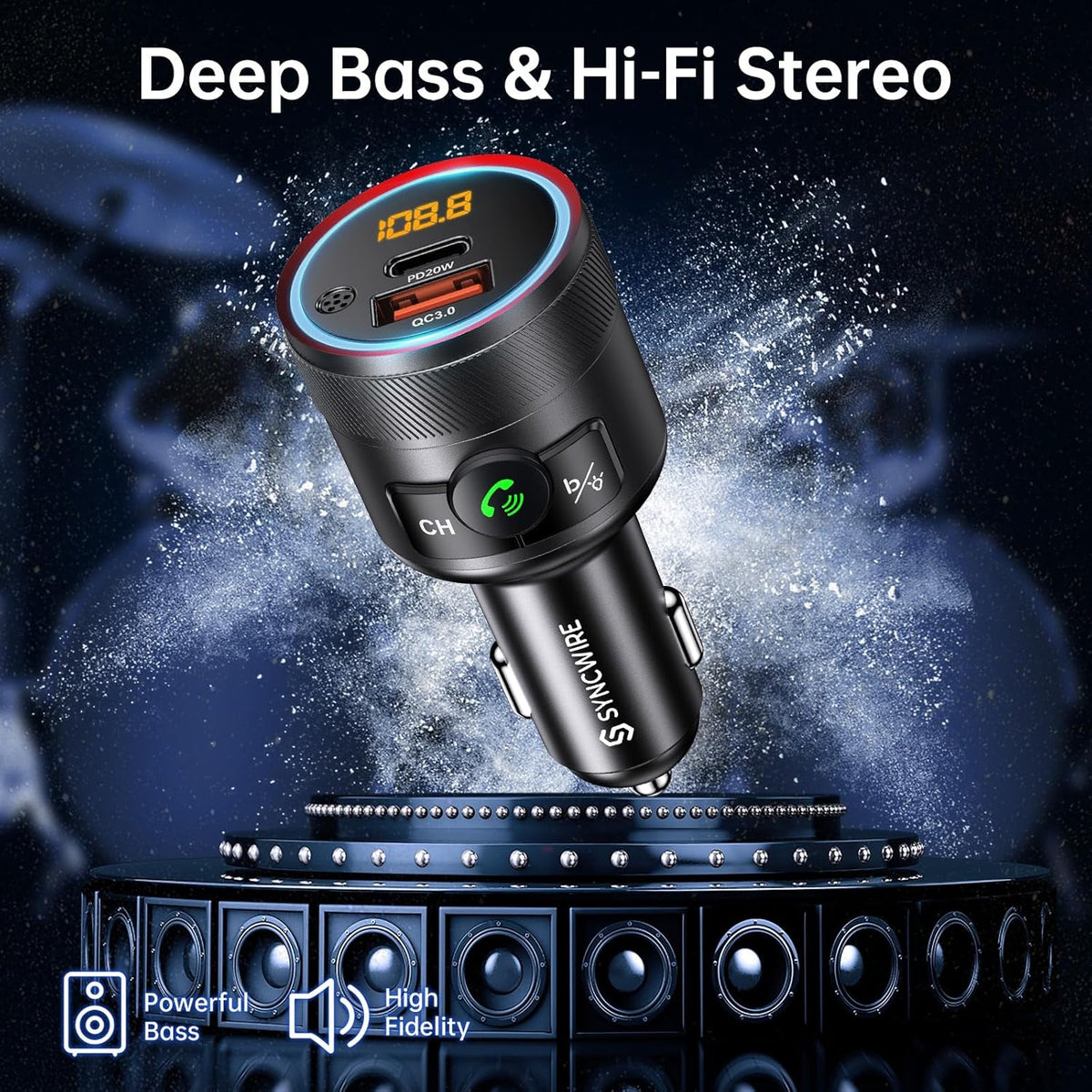 Syncwire Bluetooth 5.4 FM Transmitter for Car, 38W PD&QC3.0 Dual USB Charging Bluetooth Car Adapter Microphone & Bass Sound MP3 Music Player FM Kit with Hands-Free Calling