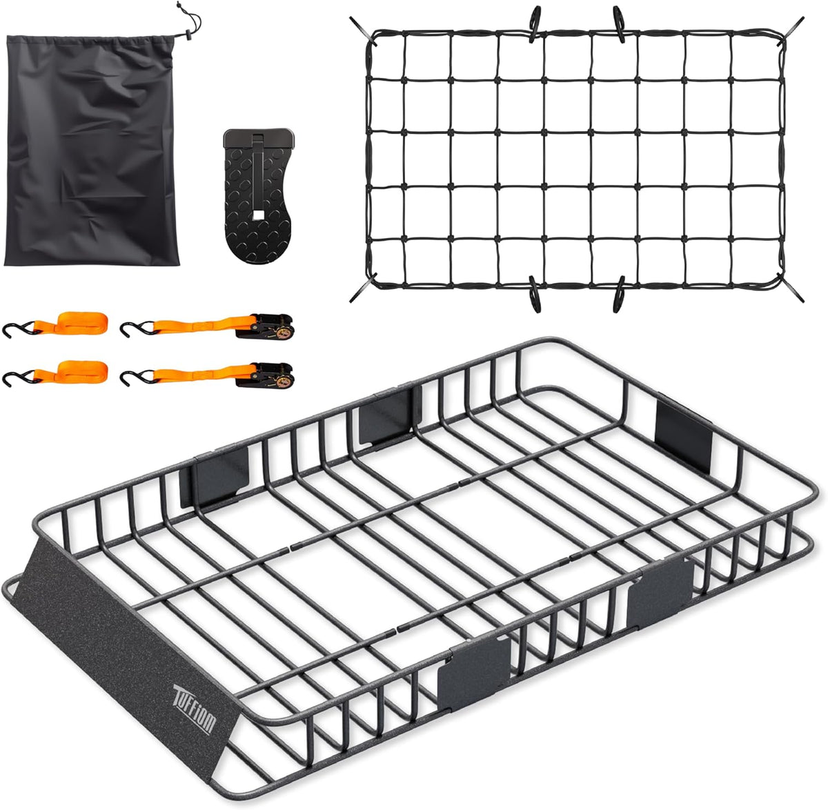 TUFFIOM 64"x 39"x 6" Universal Rooftop Cargo Carrier Basket, Extendable Steel Roof Rack Basket w/Net+Storage Bag+Pedal+Straps, Heavy Duty Car Top Rack Luggage Holder Carrier for SUV Car Truck Van