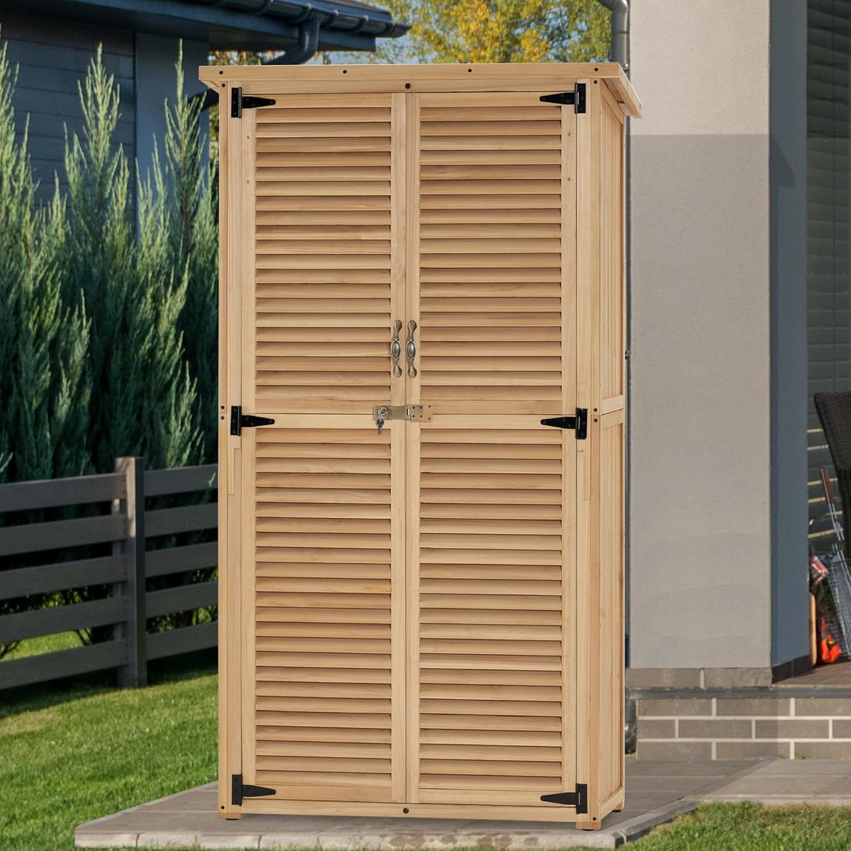 MCombo Outdoor Storage Cabinet, Wooden Storage Shed with Latch, Outside Garden Tool Shed with 2 Doors for Patio Yard Lawn, 0808 (Natural, Medium)
