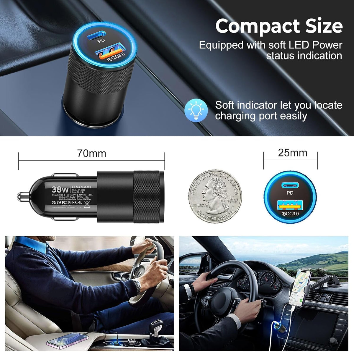 Car Charger USB C 3-Pack, Ancekoy 38W Dual Port PD + QC 3.0 Car Charger Adapter Fast Charging Cigarette Lighter Adapter for iPhone 16 15 14 13 12 11 Pro Max, Samsung, Tablet