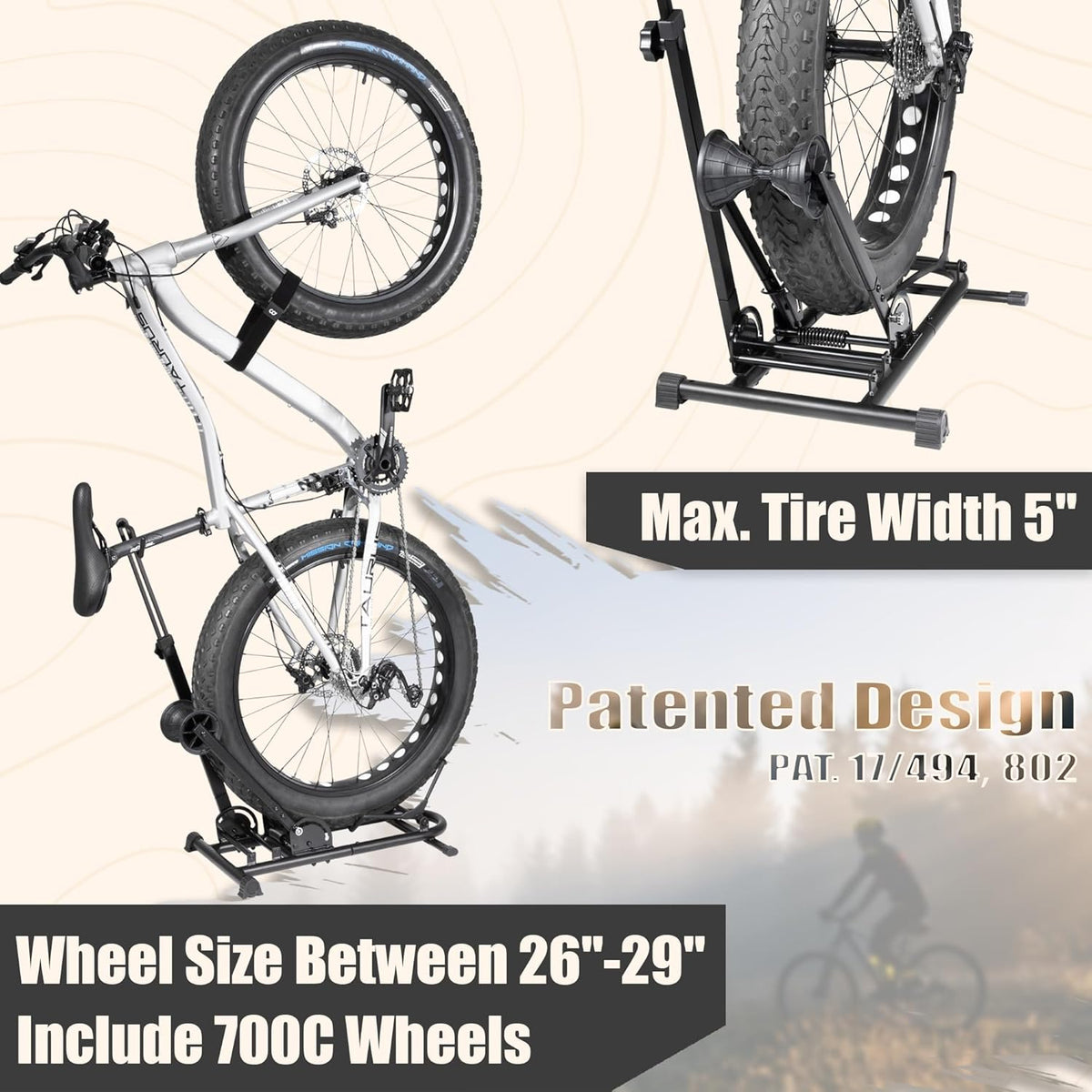 BIKE HAND Vertical Bike Stand - for Fat Bike Snow MTB Road Bikes with Max 5" Tire Width - Vertical & Horizontal Adjustable Bicycle Parking Rack with Seatpost Stabilizer - Wheel Sizes up to 29"