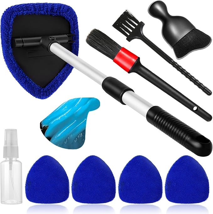 Qydipclin 10pcs Windshield Cleaner Tool, Car Window Cleaning Wash Kit with 4 Reusable Microfiber Pads 1 Spray Bottle and Extendable Handle Auto Glass Wiper Kit, Blue