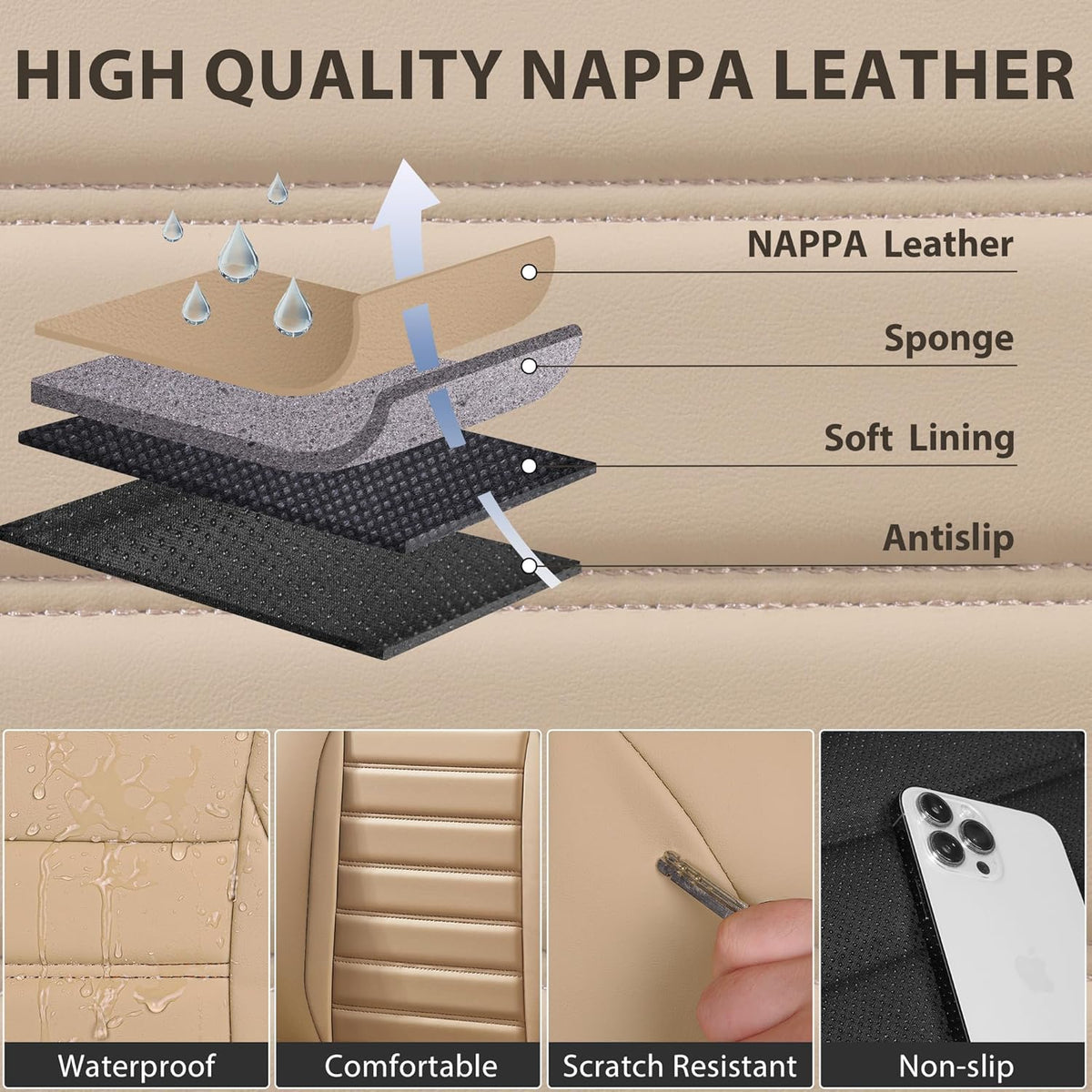 CAR PASS Nappa Leather Car Seat Covers Full Set, Luxury Seat Protector for Cars, Waterproof Anti-Slip Car Seat Cushion Armrest Compatible Airbag Universal for Sedan SUV Pick-up Truck Automotive, Beige