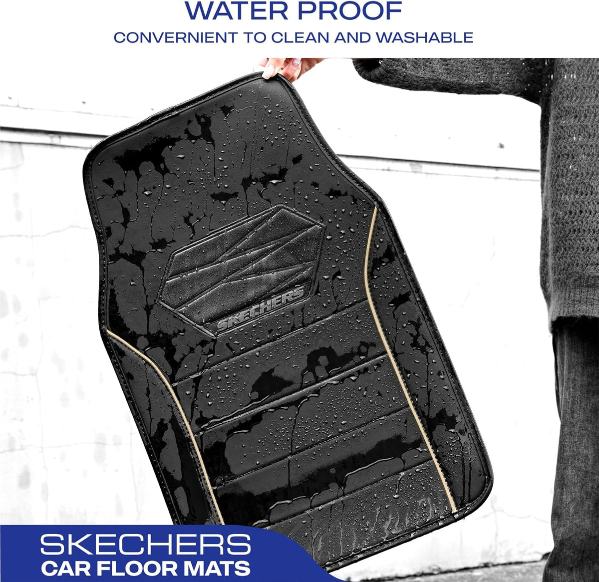 Skechers Memory Foam Car Mats, Leather Piping with Anti-Slip Pad, Universal Waterproof Fit Automotive Floor Mats for SUV, Vans, Sedans, Trucks, Full Set 4pcs Beige