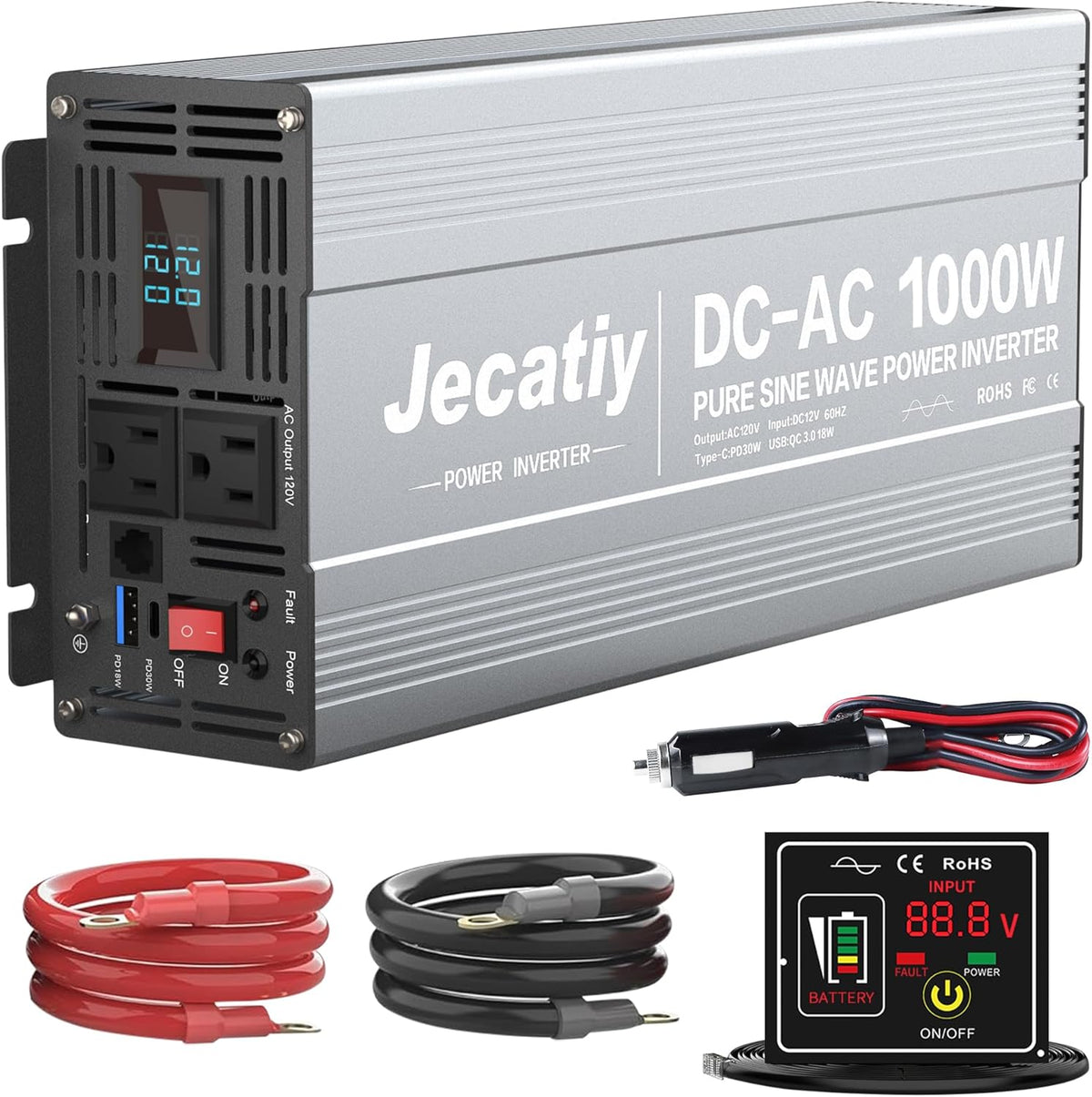 1000 Watt Pure Sine Wave Power Inverter DC 12V to 110V/120V AC Converter with 2 AC,18W USB, and 30W Type-C Charging Ports, Car Solar Power Inverters with LCD Display for Home RV Truck