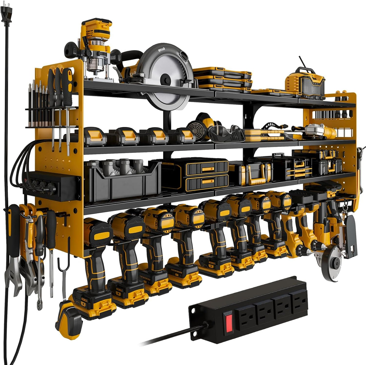 12 Cordless Drill Holder Large Power Tool Organizer Wall Mount with Side Pegboard & Screwdriver Holder, 4-Tier Heavy Duty Metal Tool Storage Rack with 4-Outlet Power Strip