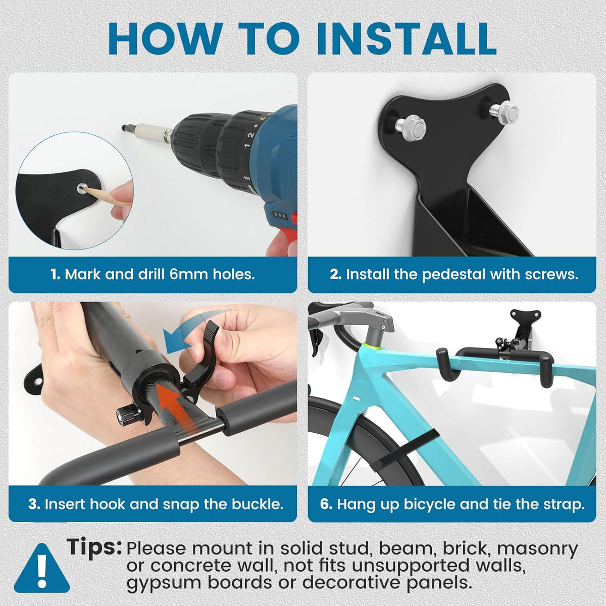 Bike Wall Mount - [4 Pack] EVA Foam Padded up to 48.5 lbs, Carbon Steel, Valve Mechanism, Heavy-Duty Adjustable Bike Wall Hanger for Road, Mountain and Hybrid Bikes, Garage & Apartment