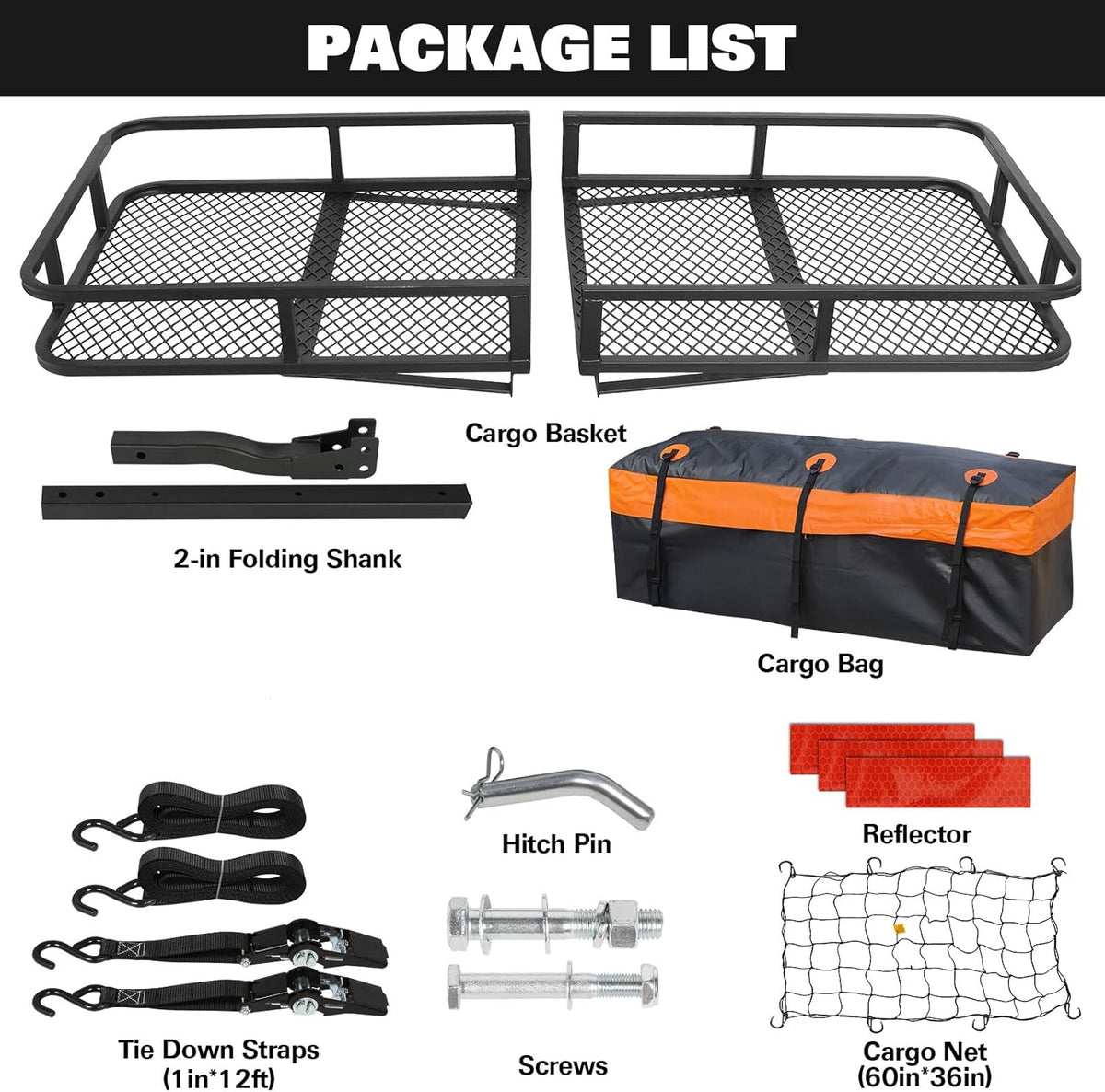 WEIZE Folding Hitch Mount Cargo Carrier Basket 60" x 20" x 6" with Waterproof Bag, Net, Strap, 2-Inch Folding Shank, 500 lbs Capacity Hitch Rack, Steel Construction