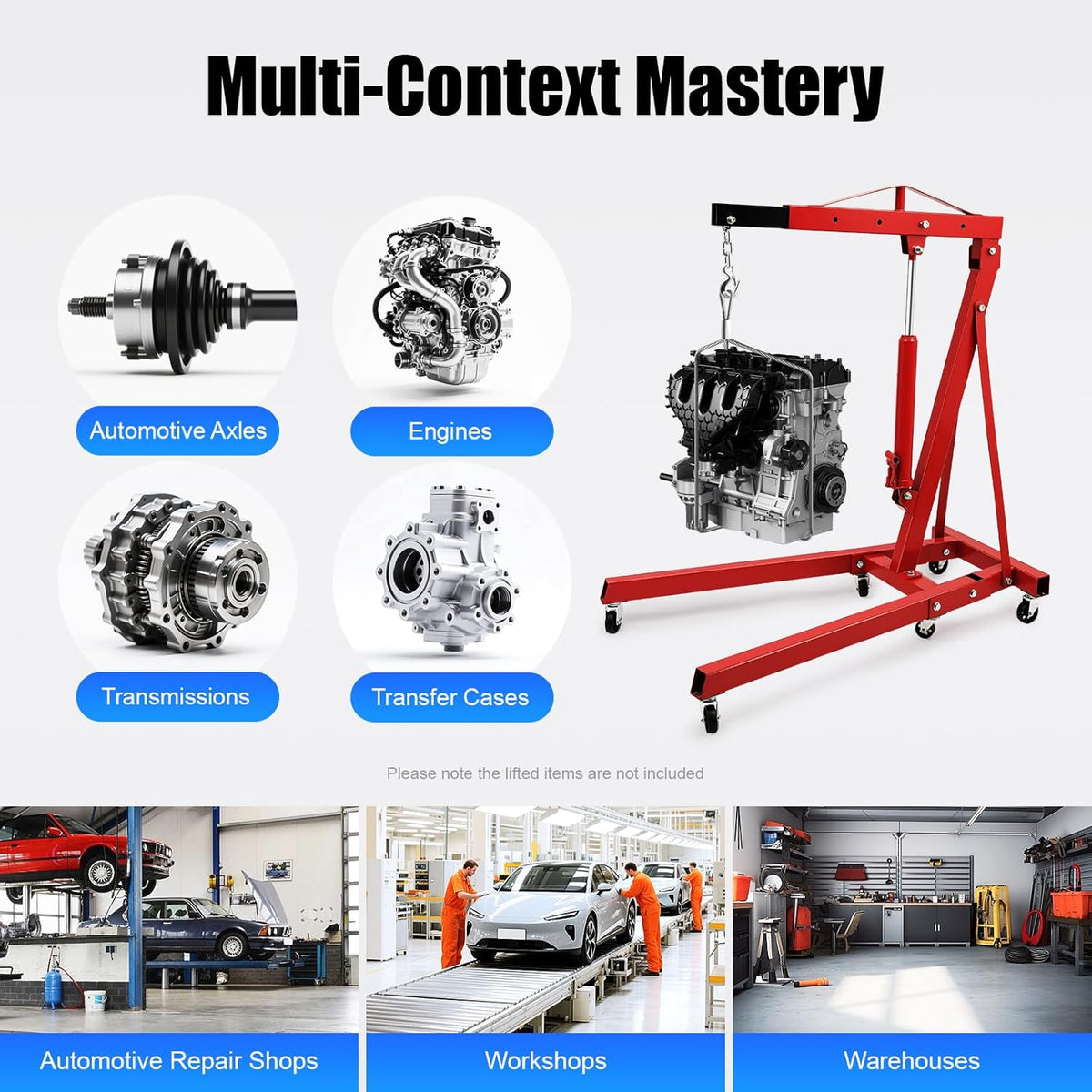 Folding Engine Hoist 1 Ton Engine Crane Lift with 6 Caster Wheels 2200LBS Steel Hydraulic Engine Crane 4 Adjustable Positions for Car Fixing Workshops Garages Warehouse(Sent in 2 Packages)