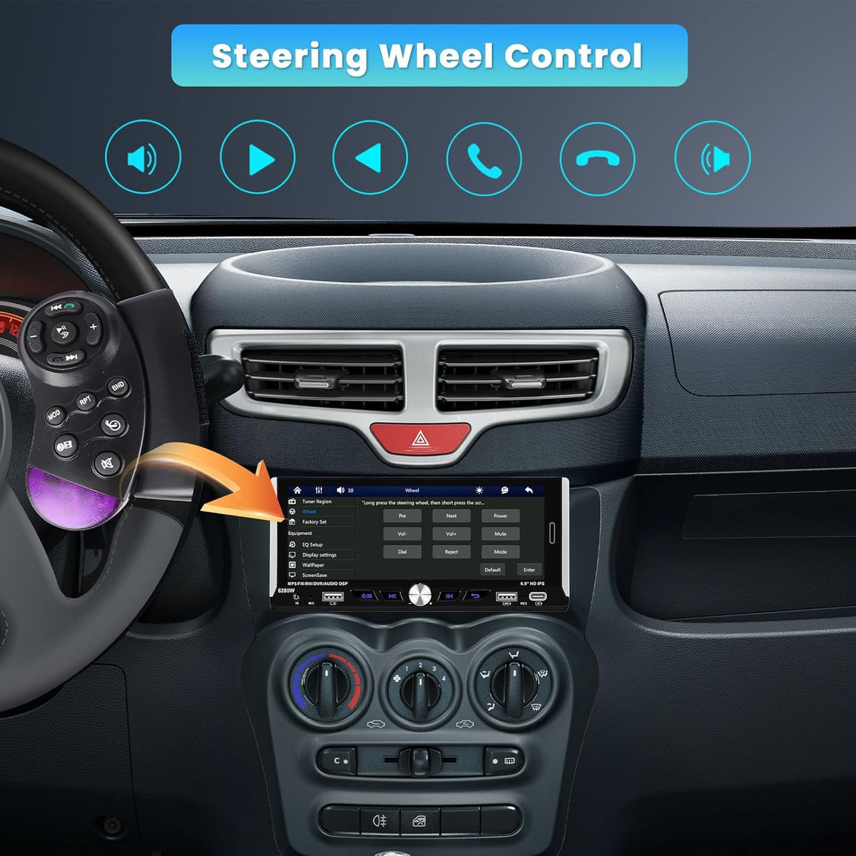 6.9 Inch Single Din Car Stereo with Wireless Carplay Android Auto, HD Touchscreen Radio Receiver with Bluetooth5.0 Audio FM/RDS EQ SWC Mirror Link USB/Type-C Port Backup Camera