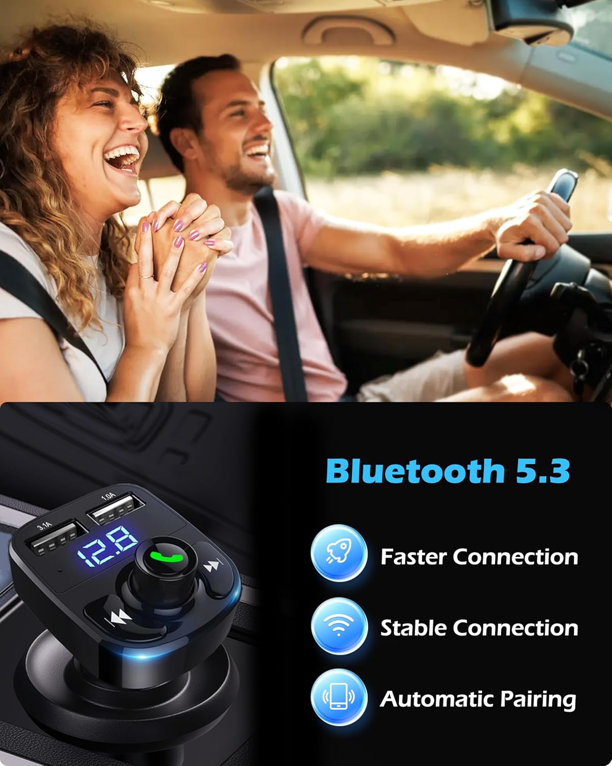 Handsfree Call Car Charger,Wireless Bluetooth FM Transmitter Radio Receiver,Mp3 Audio Music Adapter,Dual USB Port Compatible for All Smartphones,Samsung Galaxy,LG,HTC,etc.