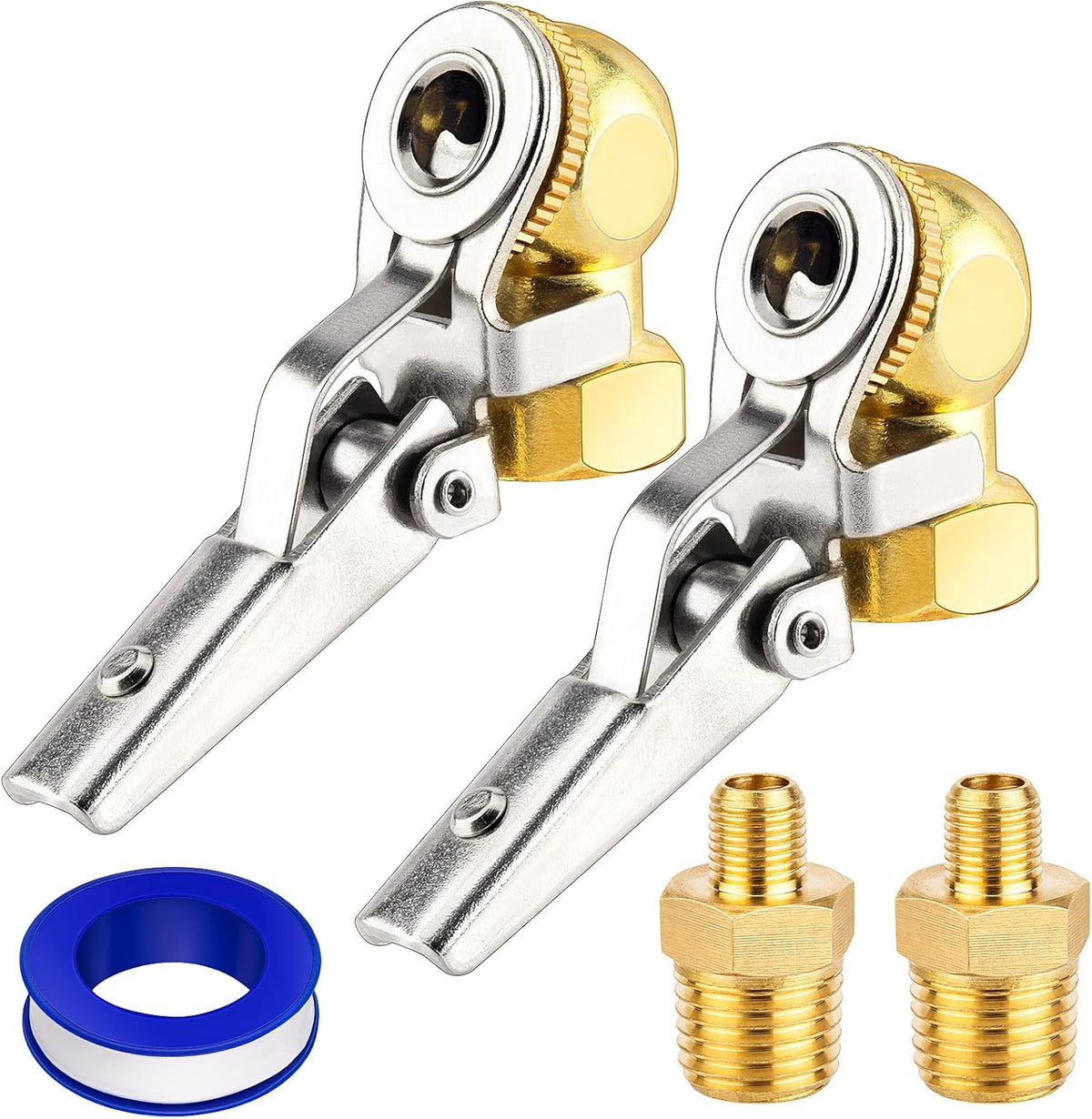 2-Pack 1/4'' Female NPT Air Chuck with Clip, Locking Closed Ball Tire Chuck with Inflator Adapter 1/4 NPT (m) to Schrader Valve (m), 2-Way Connection Tire Nozzle for Tire Inflator Air Compressor Hose