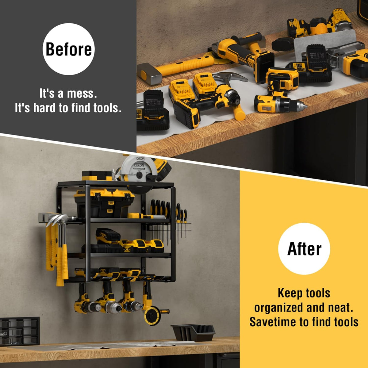 YYR 4 Layer Power Tool Organizer Wall Mount, Cordless Drill Hanger Storage Rack, Battery Tools Holder with Charging Station Shelf for Garage Organization, Workshop, Pegboard, Shed - 16 Inch 4 Slots