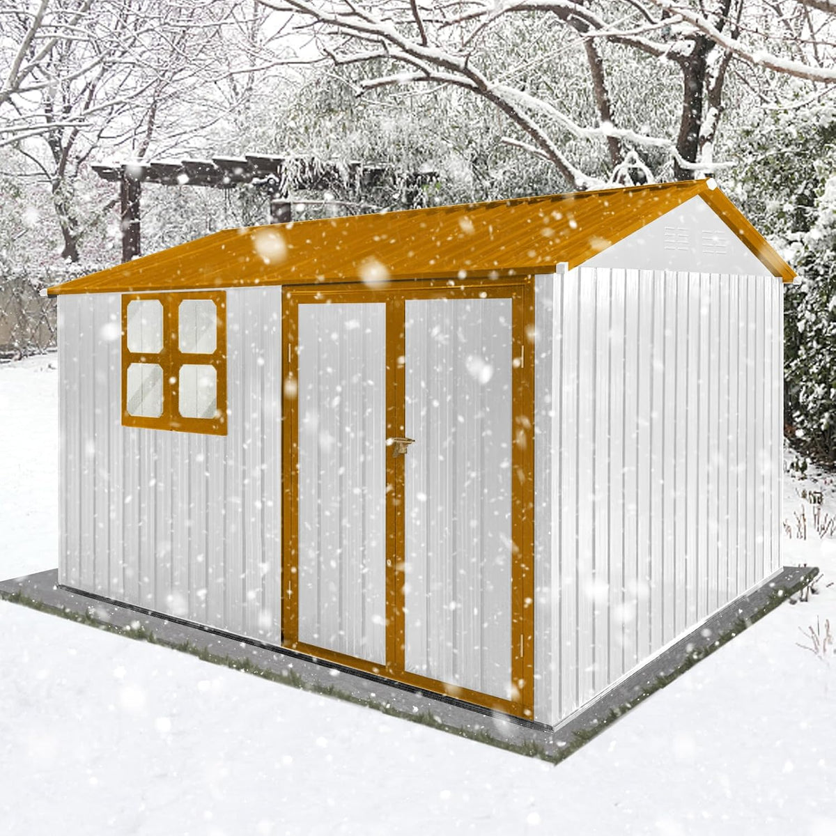 8x10 FT Outdoor Storage Shed, Metal Garden Shed with 4-pane Window, Outside Tool Shed with Lockable Hinged Doors & 4 Air Vents, Waterproof Storage Building for Backyard, Patio, Lawn, White+Yellow