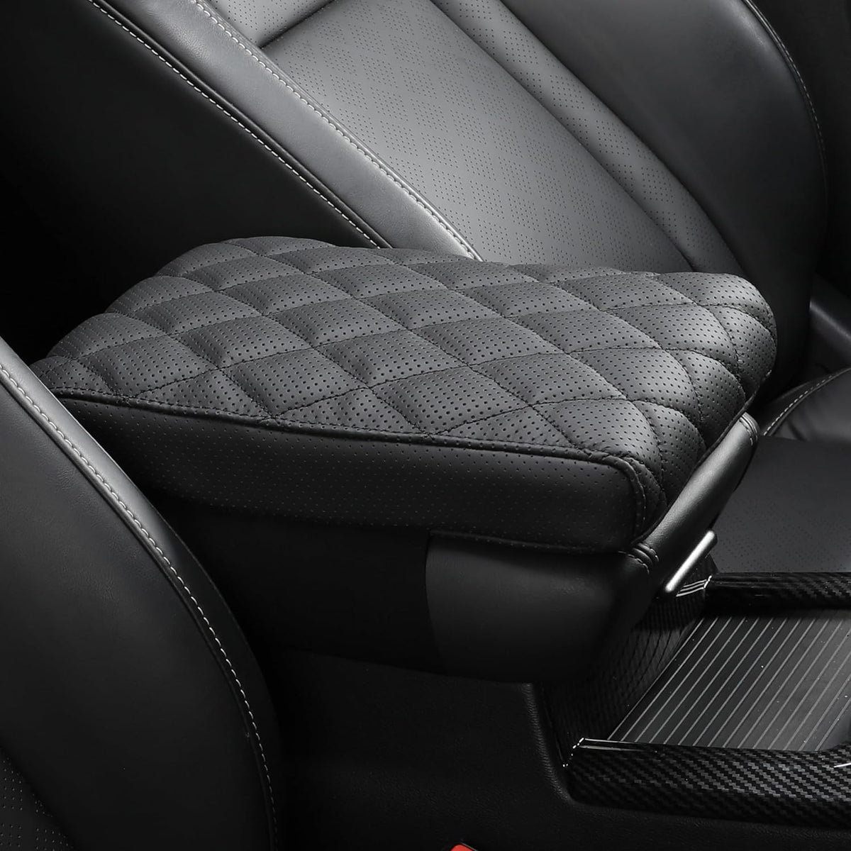Car Center Console Cover pad Genuine Cowhide Leather,Black Armrest Box mat, Vehicle Arm Rest Cushion Protector,Memory Foam true cow Leather (sizeB 14 x 8 x 2.2 inch(midsize cars and SUVs)
