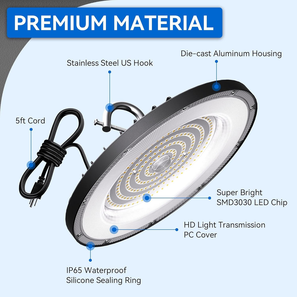 6 Pack UFO Led High Bay Light 150W(600W MH/HPS Equiv.), 21000lm, 5000K High Bay Led Lights with 5' Cable US Hook, IP65 Waterproof Commercial Lighting Fixture for Warehouse Workshop Barn Factory