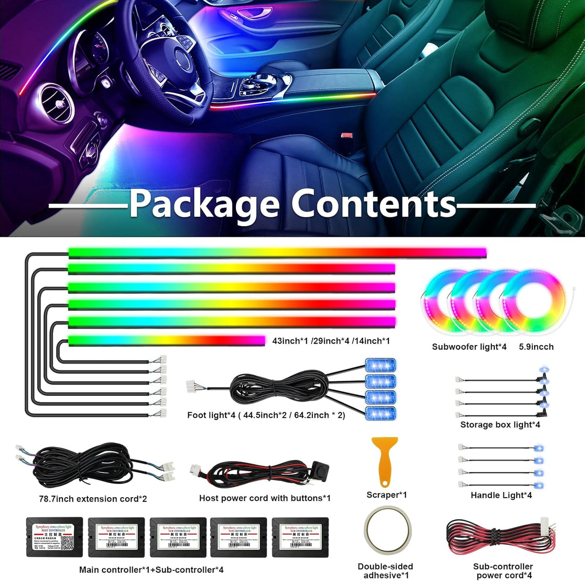 WEBUPAR Dreamcolor Acrylic Car Interior Led Kit, Car Accessories 22 in 1 RGB Car Ambient Lighting Kits with APP Control and 213 Color Modes, Multicolor RGBW Neon Car LED Strip Lights with Music Mode