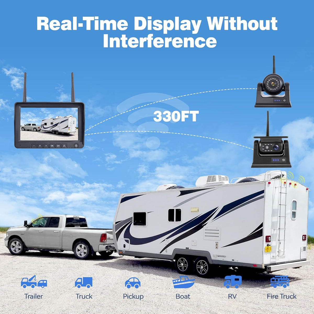 1080P 7" Magnetic Wireless RV Backup Camera System, 2 Rear Cameras + 2 Side Cameras for Reversing/Monitoring Trailer Camper, 1080P DVR Monitor, 4x9600mAh Waterproof IR Night Vision RV Cameras