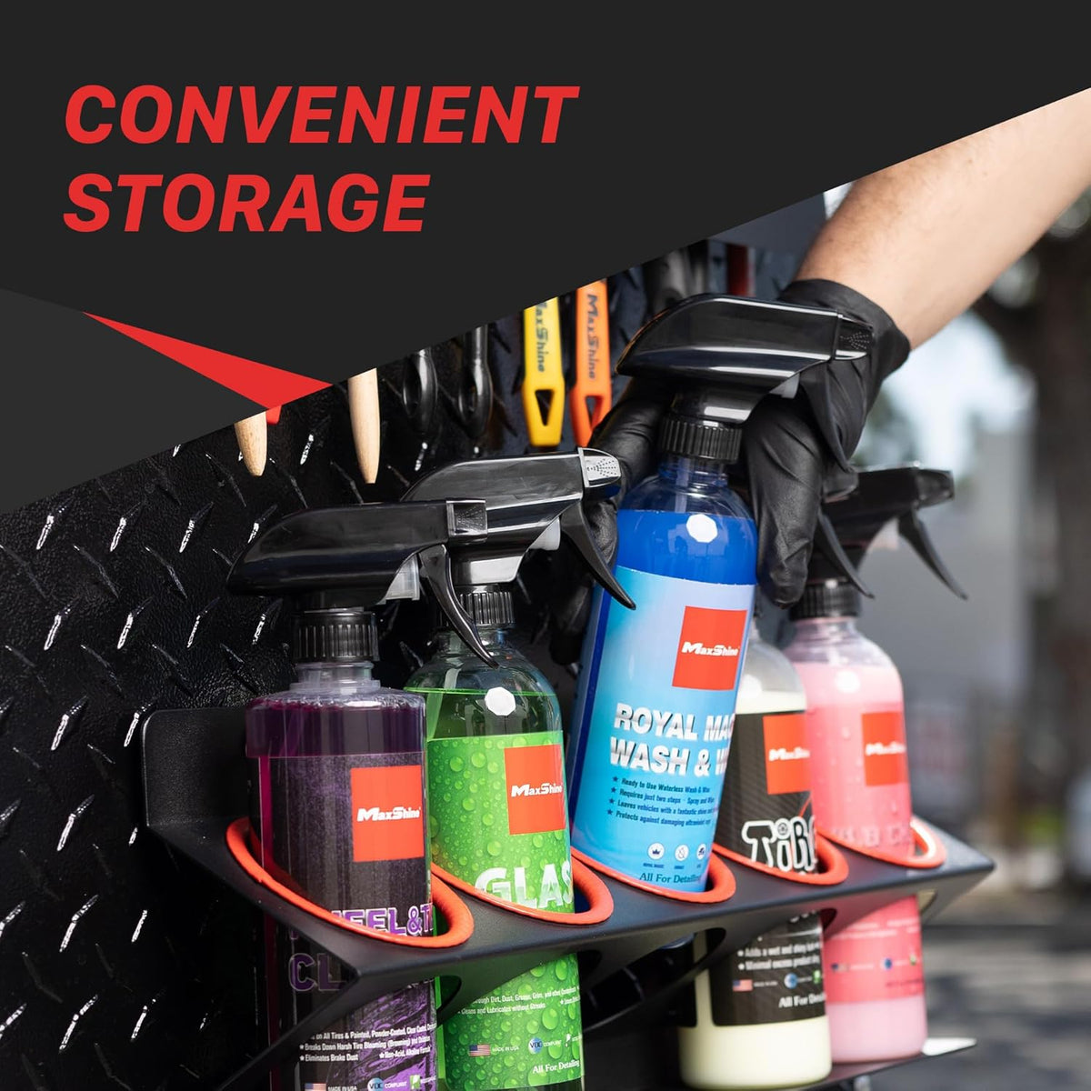 Maxshine Universal Detailing Spray Bottle Holder - Mobile Detailing & Car Garage Organizer, Holds 5 Sprayers (16oz) with 4 Small Holes, Lightweight Design, Easy Wall Mounting (Set 1)
