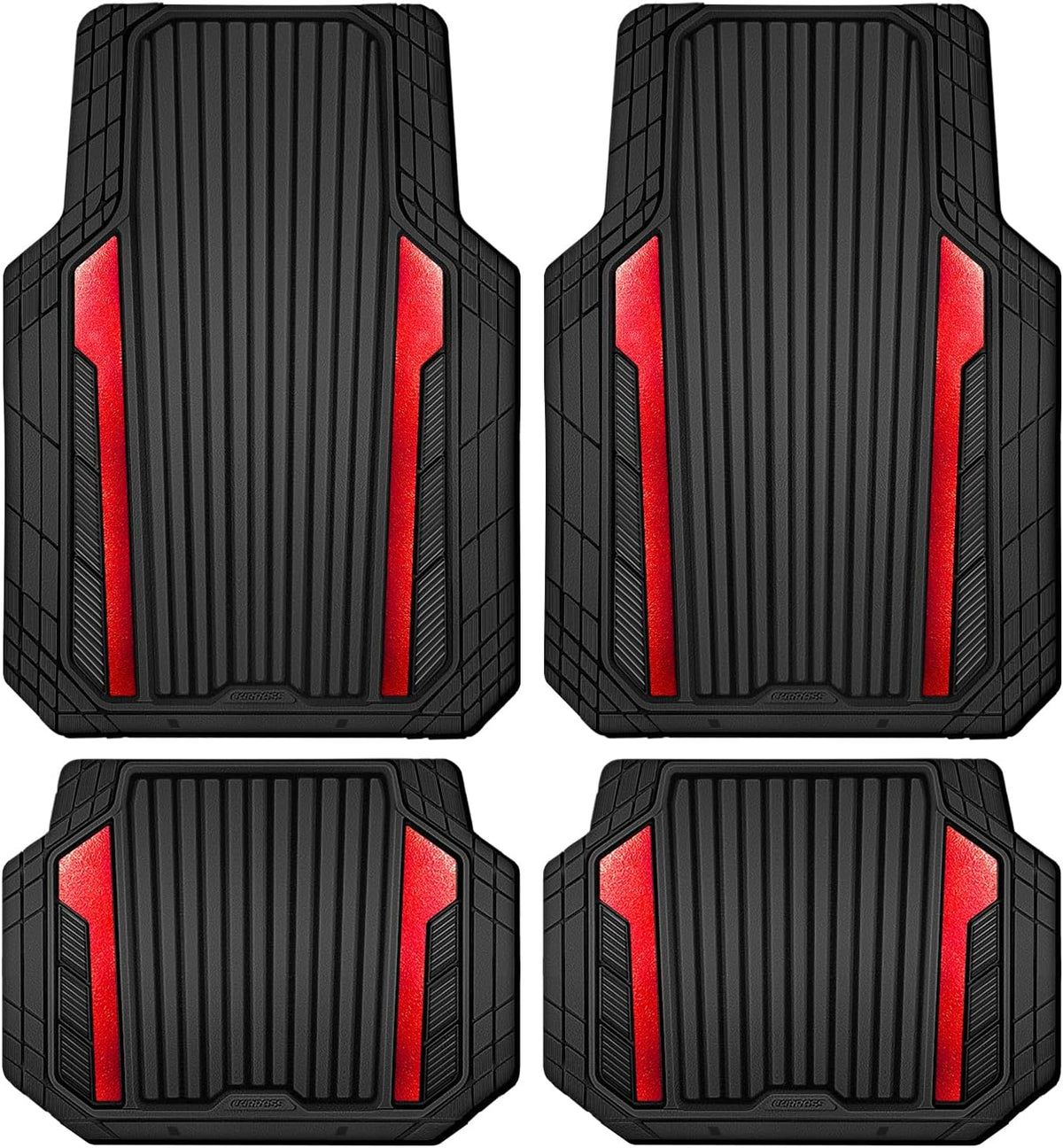 CAR PASS Heavy Duty Rubber Car Mats Metallic S~L Size, Aluminum Film All Weather Floor Mats Waterproof Universal Trim to Fit SUV Sedan Van Truck 4 Piece Deep Dish Two-Tone Sporty Black Red Chrome