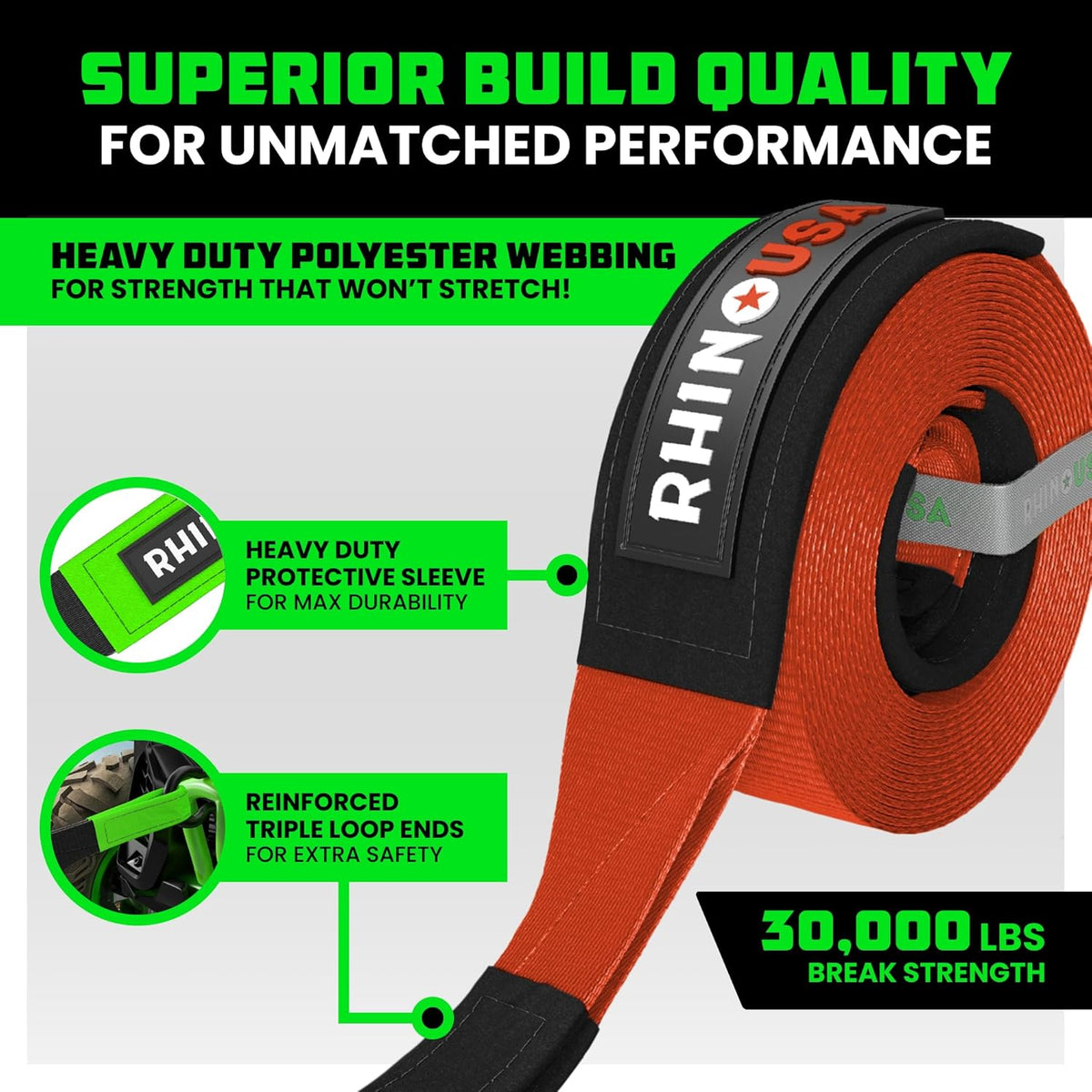 Rhino USA Recovery Tow Strap (3"x30') - 31,518lb Break Strength - Emergency Recovery Strap Tow Rope for Truck, UTV, ATV & More - Heavy Duty Towing Strap for Offroad 4x4 Use- Compatible with Jeep (Red)