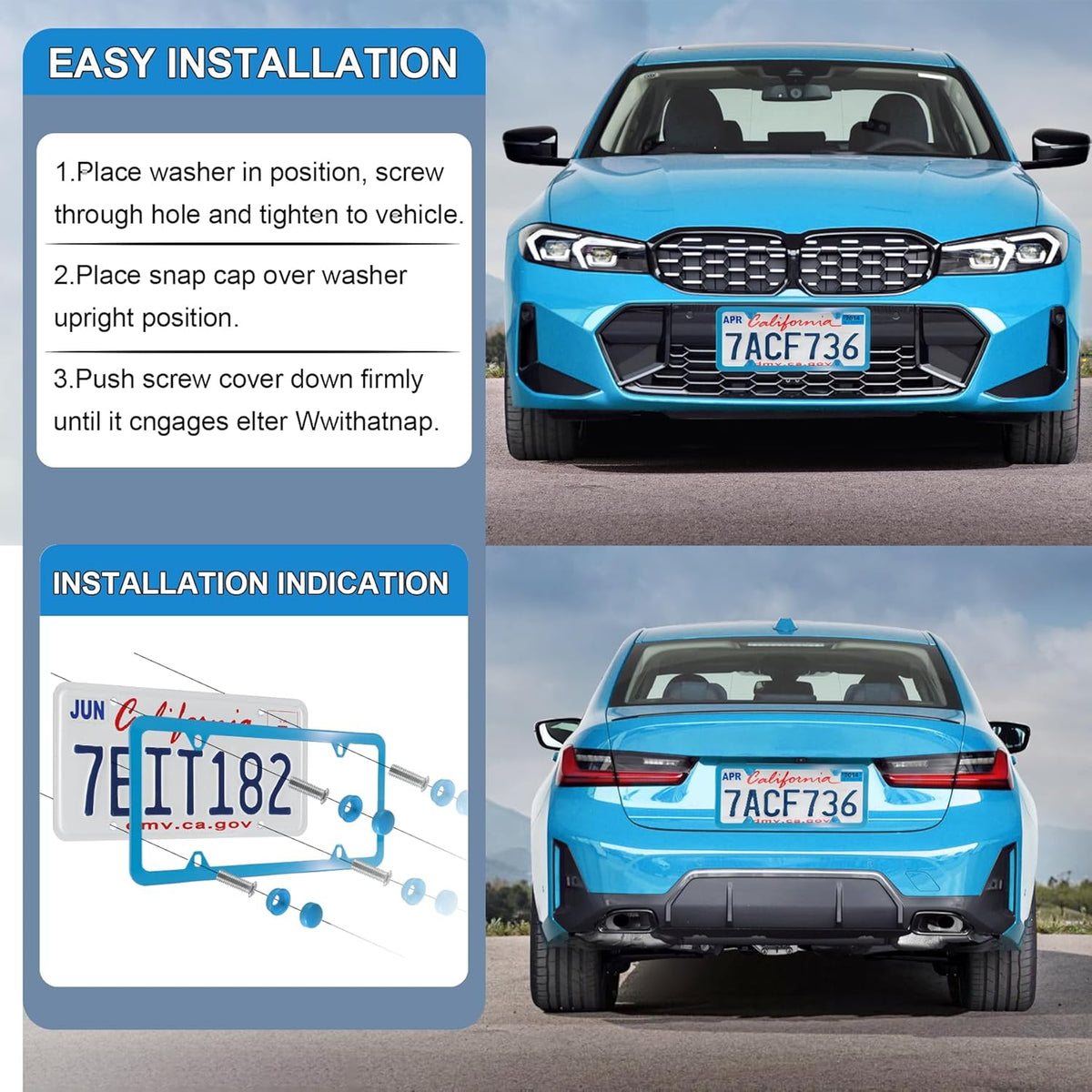 LivTee 4 Holes Stainless Steel License Plate Frames, 2 PCS Car Licence Plate Covers, Automotive Exterior Accessories Slim Design with Bolts Washer Caps for US Vehicles, Blue