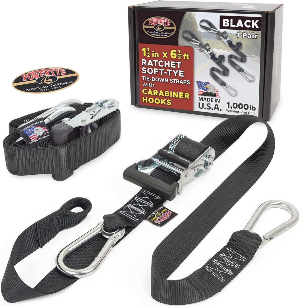 PowerTye 1.5in x 6.5ft Heavy Duty Ratchet Tie-Down Straps with Soft-Tye and Carabiner Hooks - 1,000 lb Working Load Limit / 3,000 lb Breaking Strength - Made in USA - Black/Black Pair