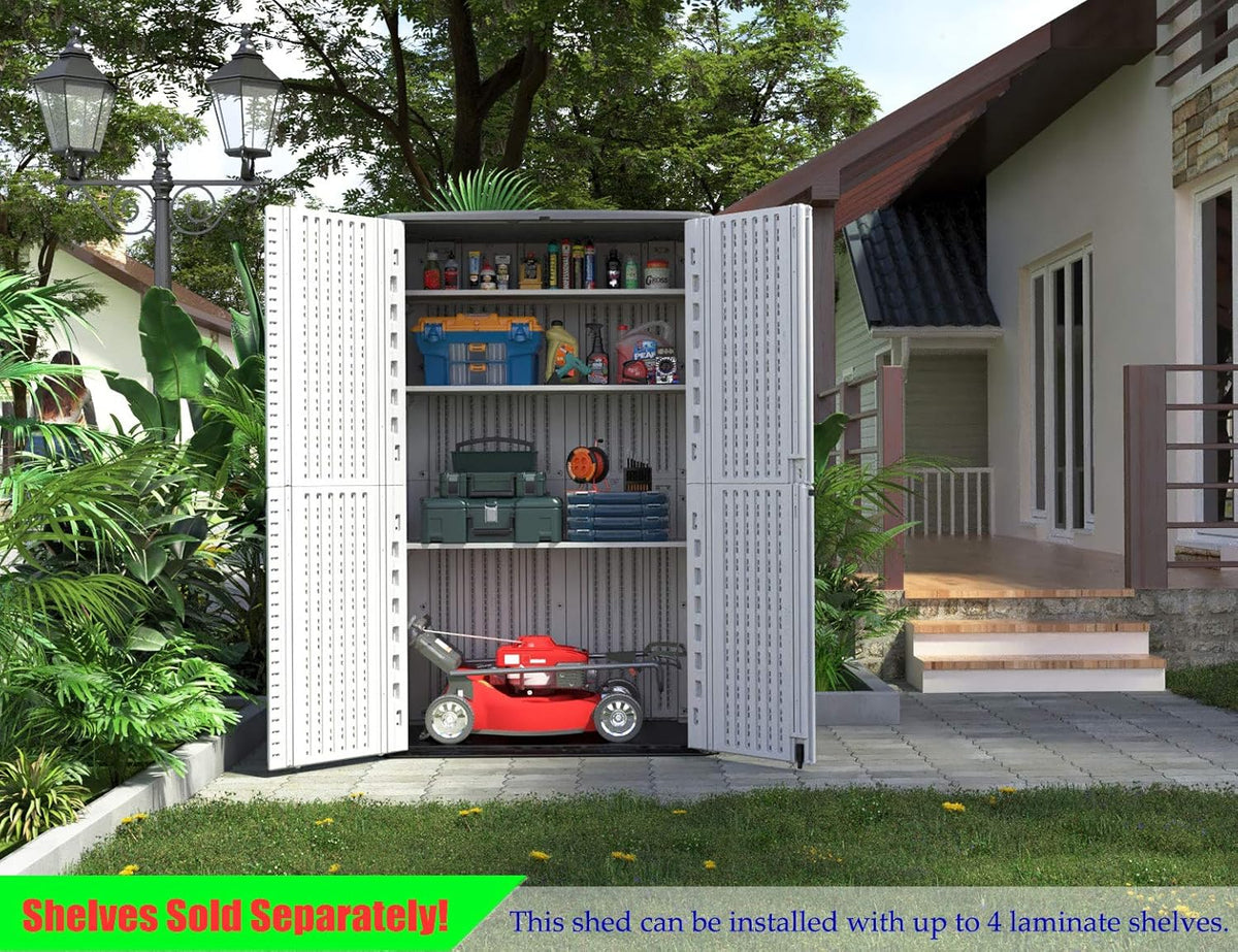 ADDOK Outdoor Storage Cabinet Waterproof,Outdoor Storage Sheds with Floor, Double-Layer Storage Shed for Patios/Generator/Long-Handled Tools (ivory/52 Cu.Ft)