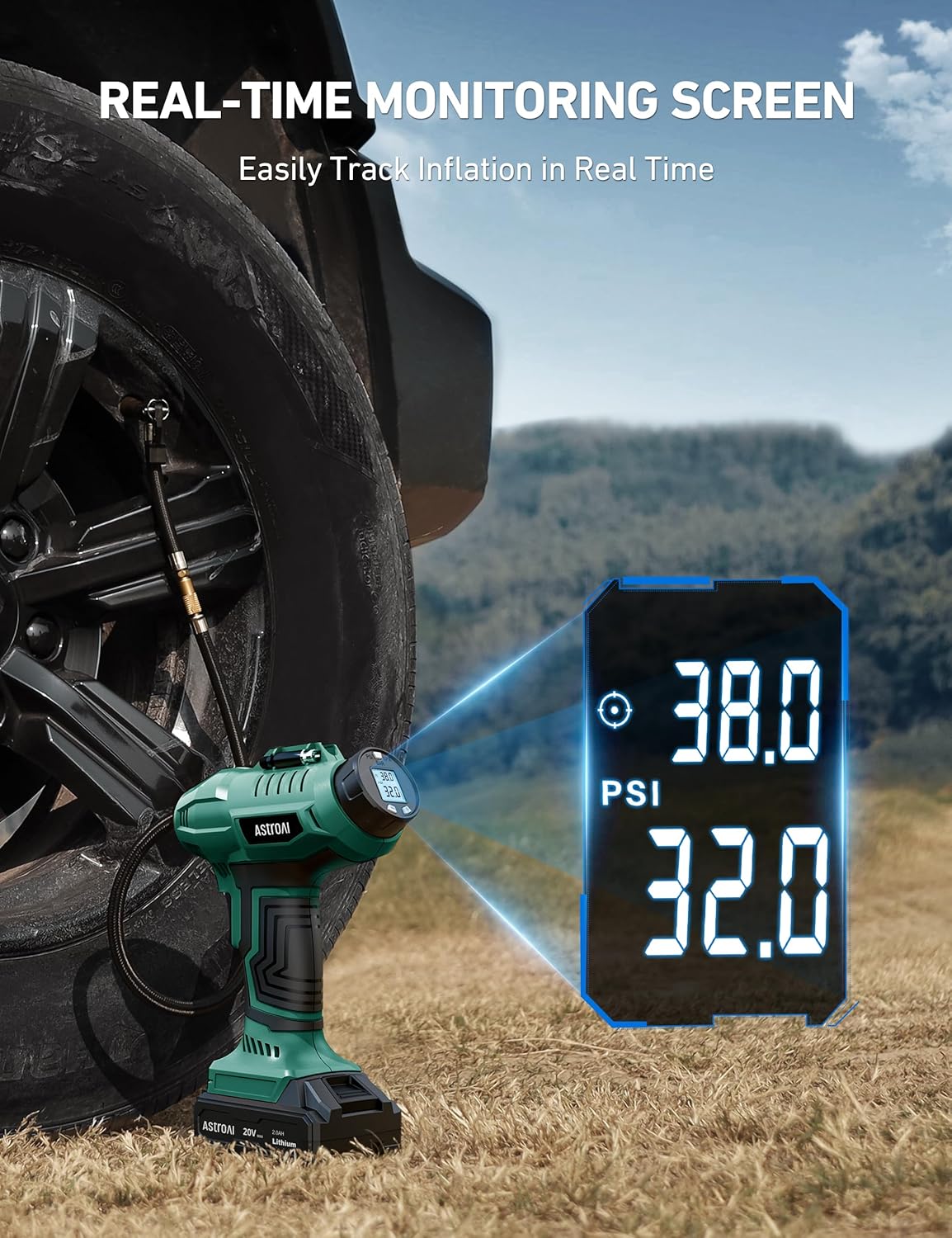 AstroAI C2 Cordless Tire Inflator Air Compressor 20V Rechargeable Battery Powered 160PSI Portable Air Pump with 12V Car Power Adapter Digital Pressure Gauge for Cars Motorcycles JY16P160-18 Green