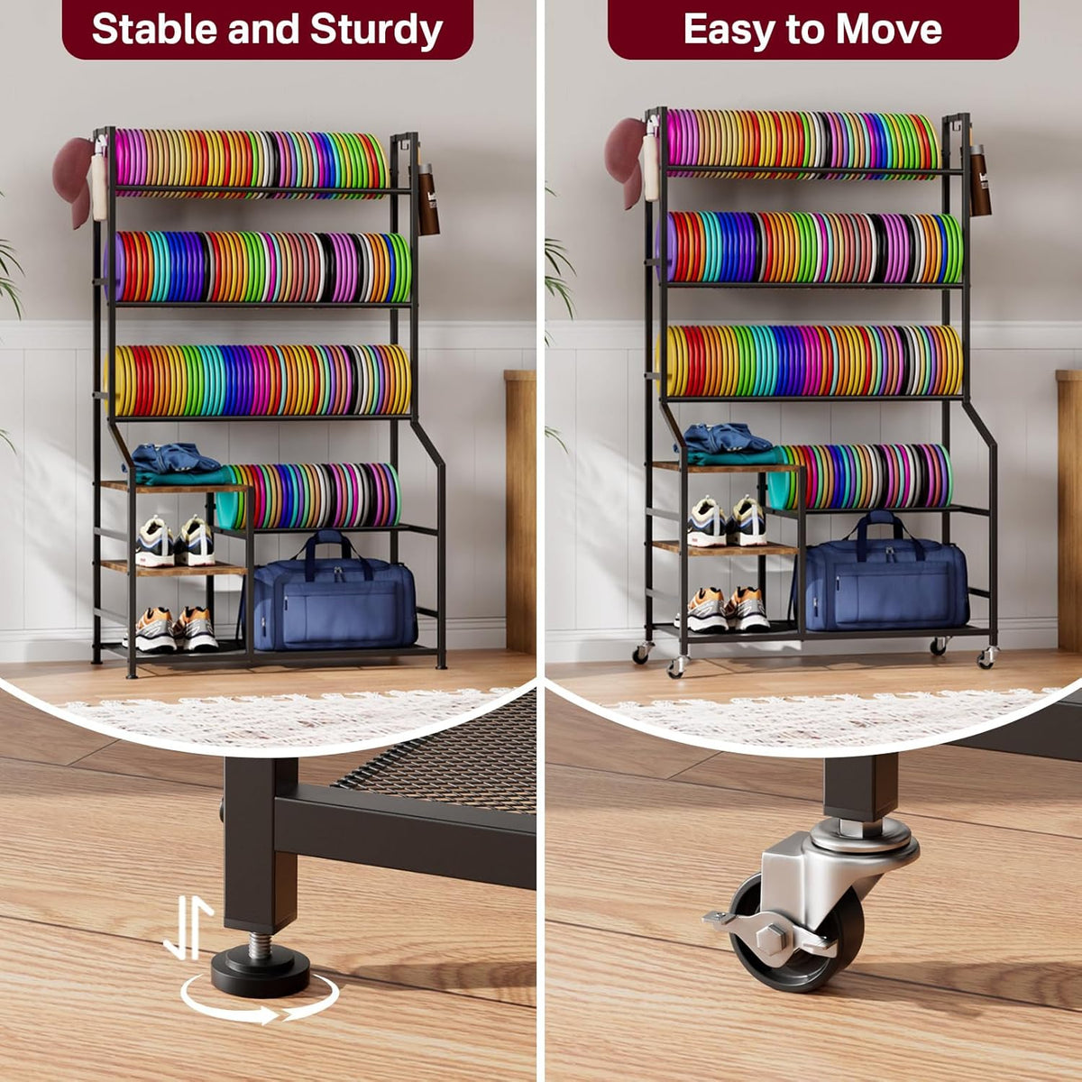 Portin 5 Tier Disc Golf Storage Rack, Disc Station Organizer with Hooks and wheels, Disc Golf Shelf for Storing Sports Equipment Accessories, Disc Golf Bag Basket Organizers for Home Garage Basement