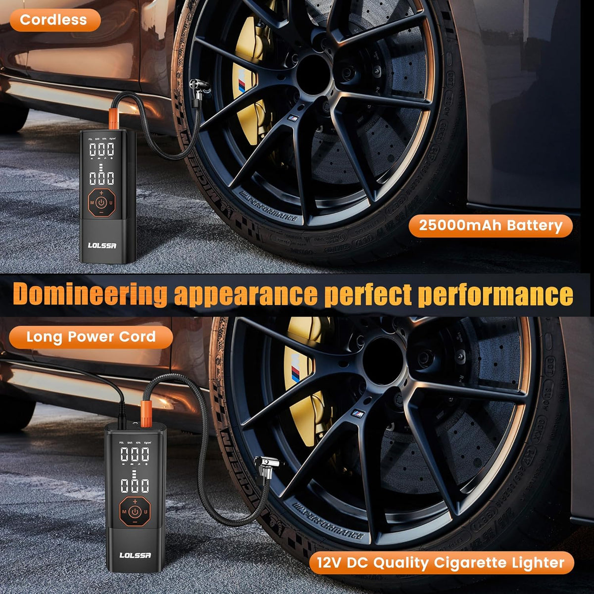 Tire Inflator Portable Air Compressor-180PSI Air Pump for Car Tires-Cordless Tire Pump with Pressure Gauge, Cigarette Lighter Plug for Motorcycle, Bike, Ball, Dual-Use Type