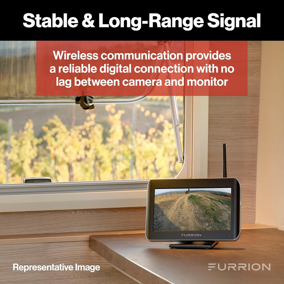 Furrion Vision S Wireless RV Backup Camera System with 4.3-Inch Monitor, 1 Rear Sharkfin, Infrared Night Vision, Wide-Angle View, Hi-Res, IP65 Waterproof, Motion Detection, Microphone - FOS43TASF