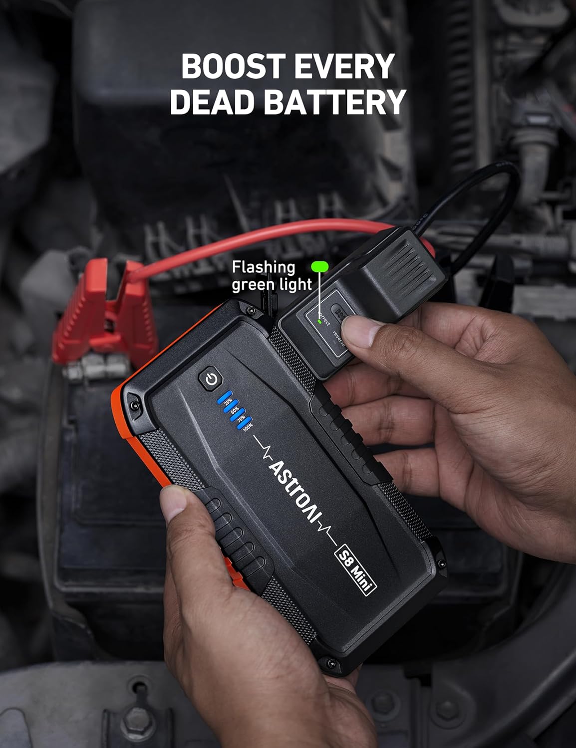 AstroAI S8 Mini Car Battery Jump Starter, 12V Portable Car Starter for Up to 6.0L Gas/3.0L Diesel Engine, Auto Battery Booster Pack, Lithium Jump Box with Jumper Cables & LED Light (Orange)