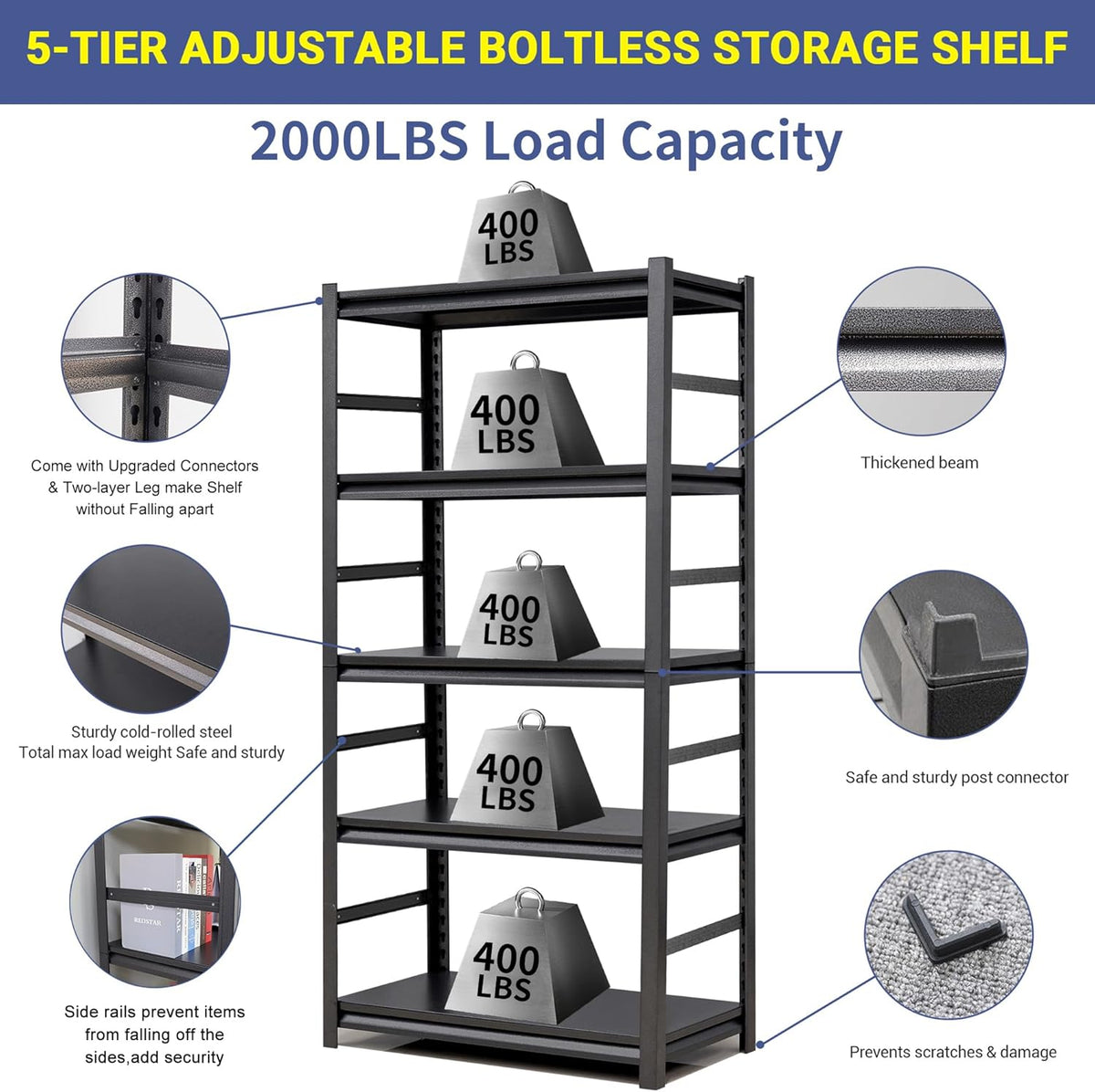 TOPKEY Metal Storage Shelf Garage Storage Shelves, Heavy Duty 5-Tier Utility Shelves for Garage, Kitchen, Warehouse, Adjustable Basement Storage Rack, Load 2500LBS, 72" H x 35.4" W x 15.8" D
