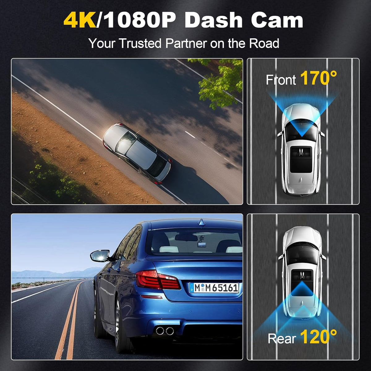 Dash Camera, 4K/1080p Dash Camera Front and Rear, Built-in 5GWiFi, Dash Cam with 64GB SD Card, Full HD 2.0” IPS Screen, for App Control, G-Sensor, Loop Recording, and Parking Mode