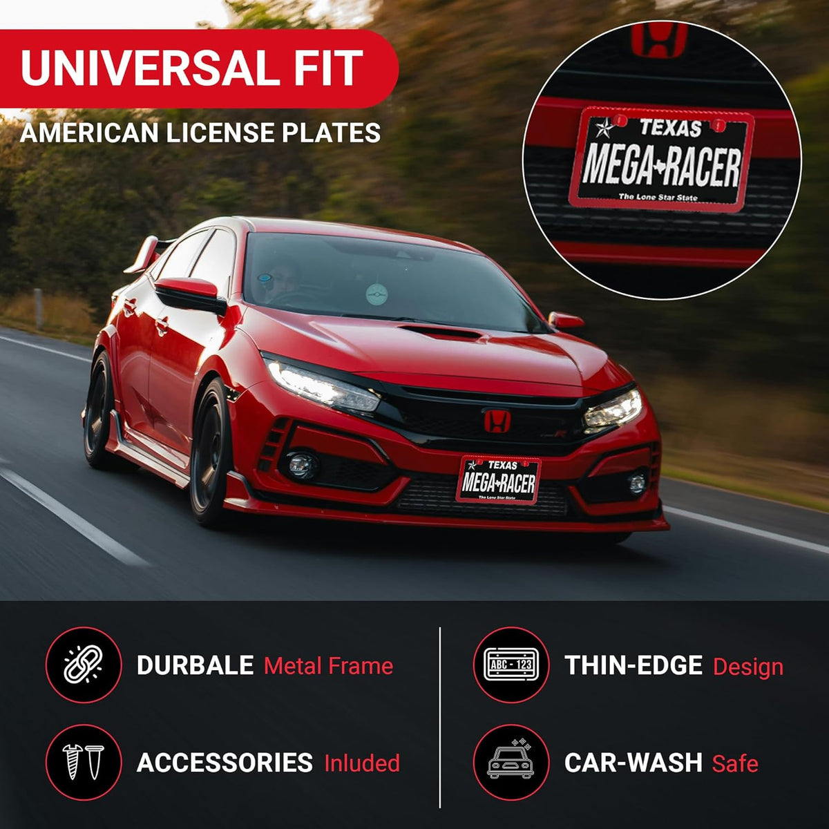 Premium Slim Red License Plate Frame – 1 Pack, Rust-Free Stainless Steel, Street Legal & Rattle-Free, Universal Fit with Screw Covers, Sleek Thin Metal Front or Rear Car Tag Holder for Men & Women