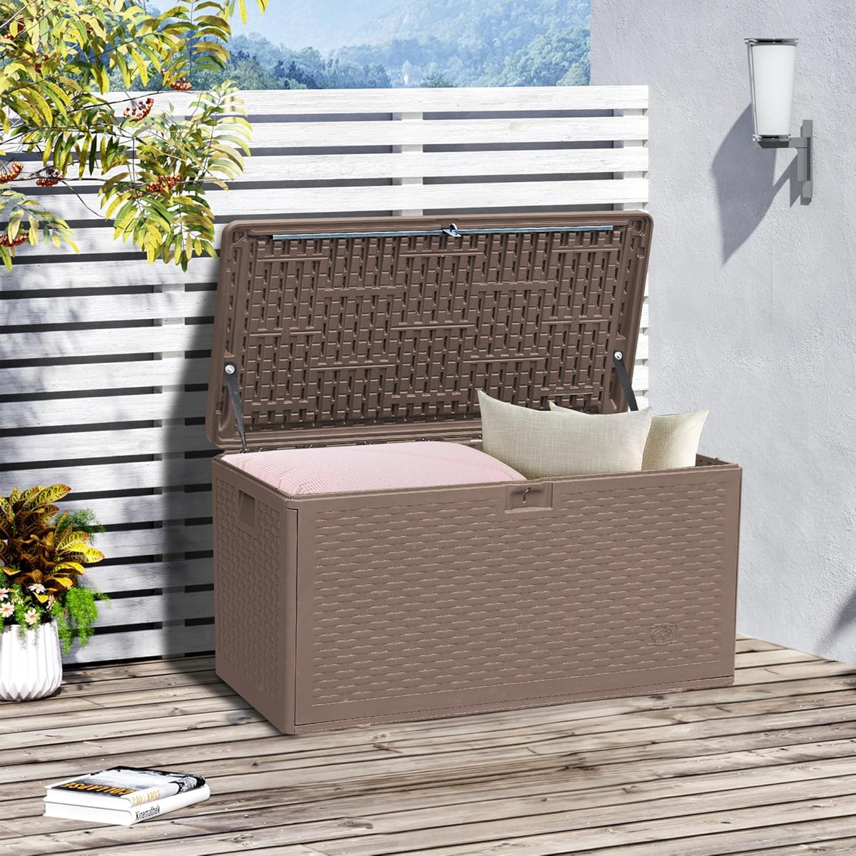 73 Gallon Pro Waterproof Outdoor Storage Pro Resin Deck Box Bin for Patio, Poolside, and Garden, Lockable & UV-Resistant, Ideal for Small Spaces, Brown