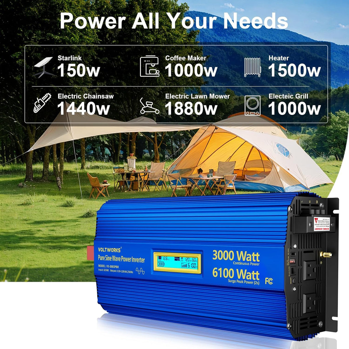 3000 Watt Pure Sine Wave Power Inverter 3000W 12V to 110V 120V AC, 6000W Surge Peak Power for 2 Seconds, UL Fuses, Compatible with Lithium Battery, Car Off-Grid Solar RV Truck Vehicle VOLTWORKS